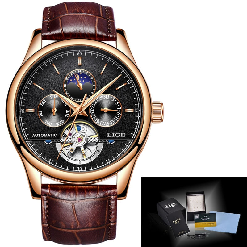 Relógio masculino moda sofisticada LIGE automático com mostrador preto e pulseira de couro marrom