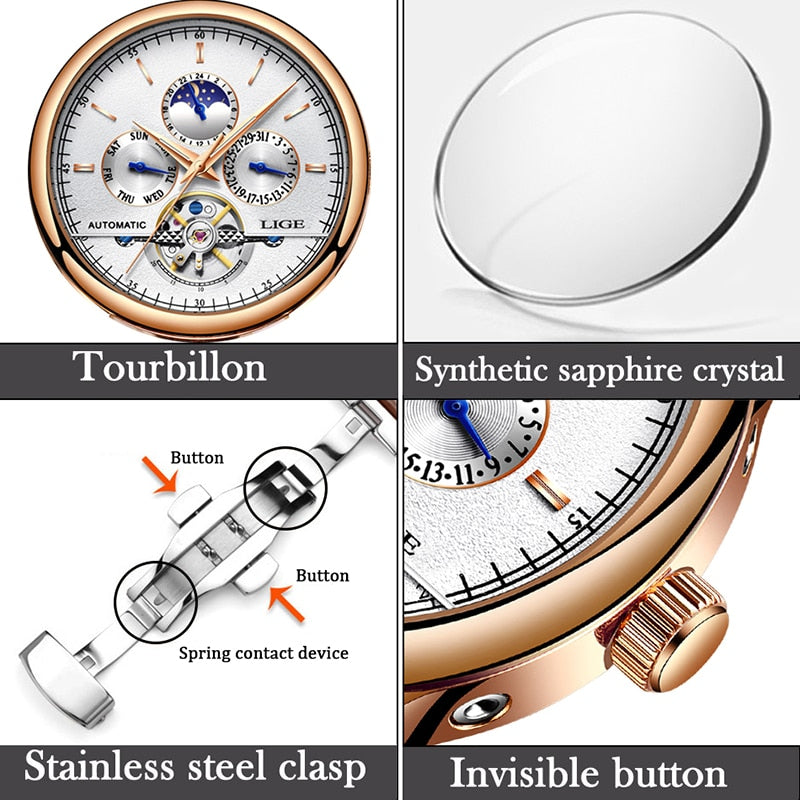Relógio masculino moda sofisticada LIGE com mostrador automático, cristal de safira sintético e fecho de aço inoxidável