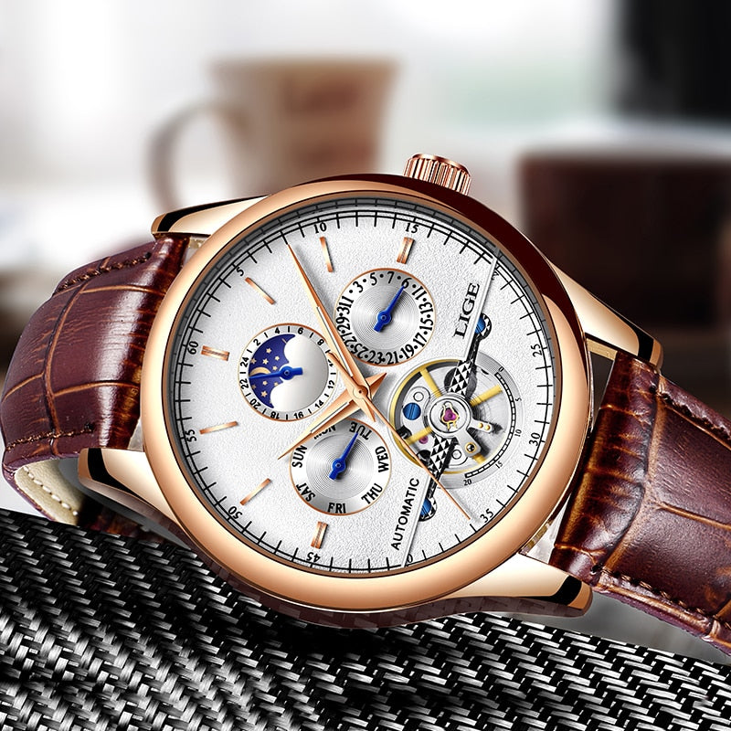 Relógio masculino moda sofisticada LIGE com design clássico e mostrador elegante em fundo branco