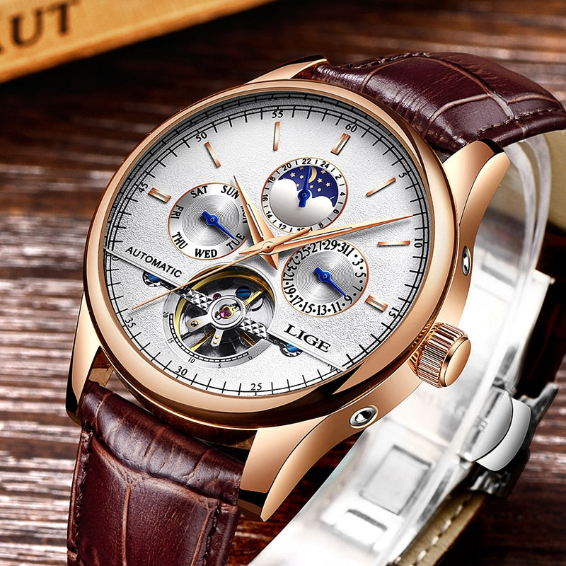 Relógio de pulso masculino LIGE com design sofisticado, mostrador elegante e pulseira de couro marrom.