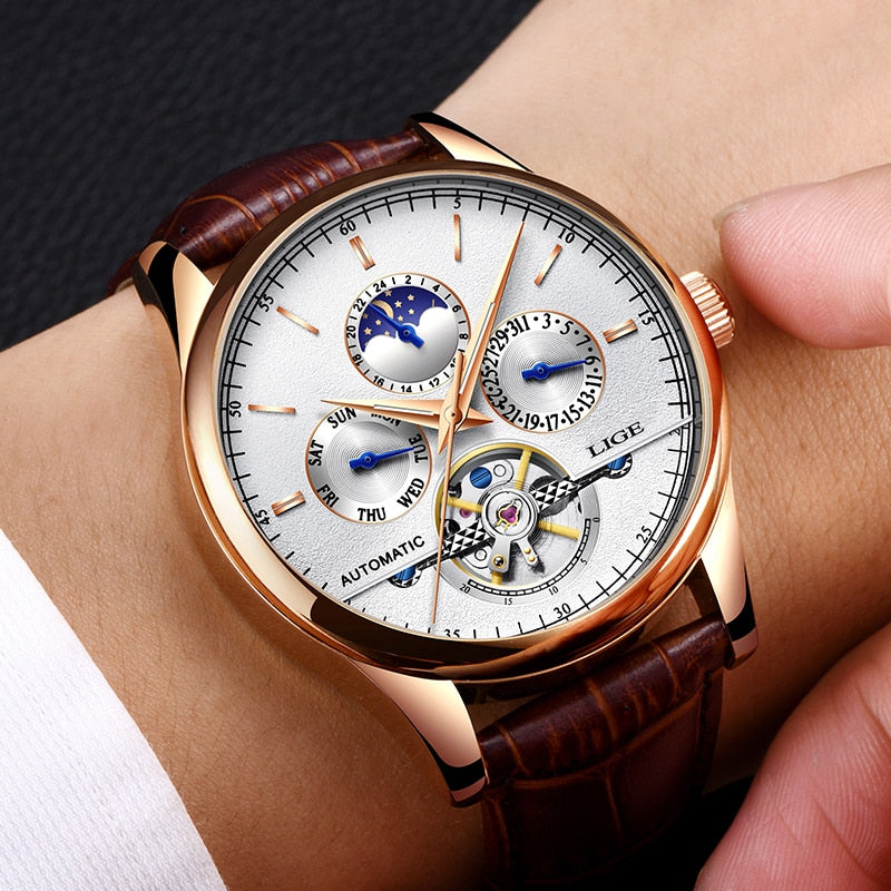 Relógio mecânico automático à prova d'água LIGE com mostrador elegante e detalhes em rose gold