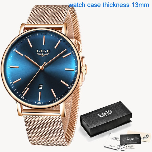 Relógio de pulso feminino LIGE com pulseira de malha feminina e caixa azul, espessura de 13mm.