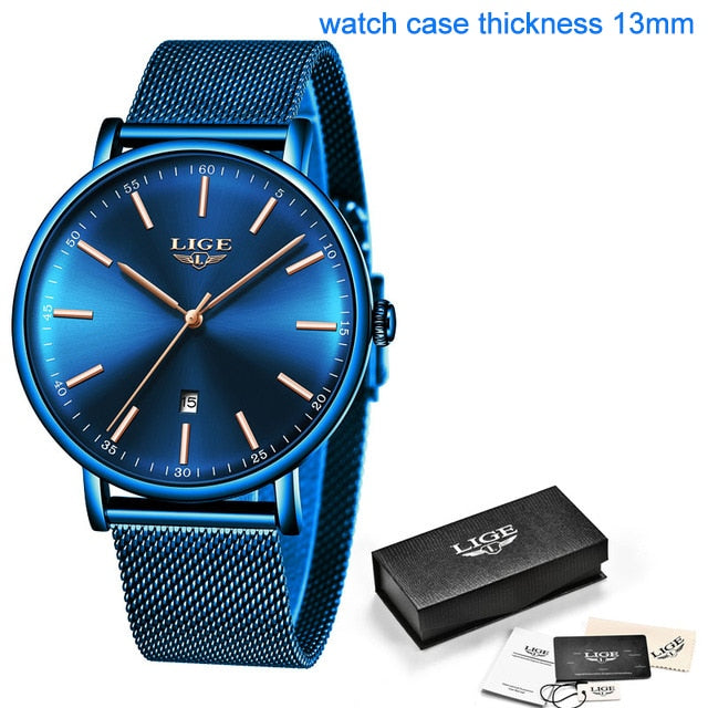 Relógio de pulso feminino LIGE com pulseira de malha feminino em azul e espessura da caixa de 13mm