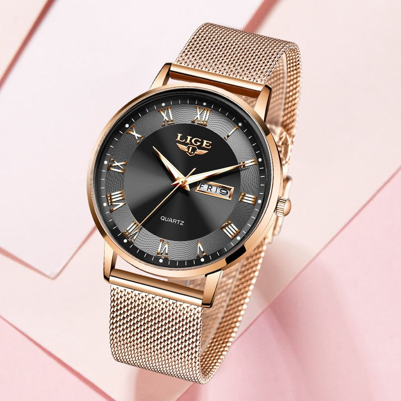 Relógio de pulso feminino LIGE com pulseira de malha e mostrador preto elegante