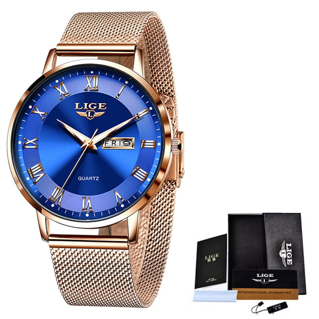 Relógio pulseira de malha feminino LIGE em ouro rosé com mostrador azul e calendário