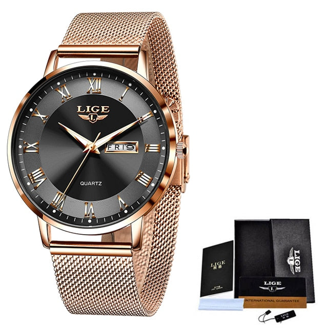 Relógio de pulso feminino LIGE com pulseira de malha feminino e mostrador preto elegante