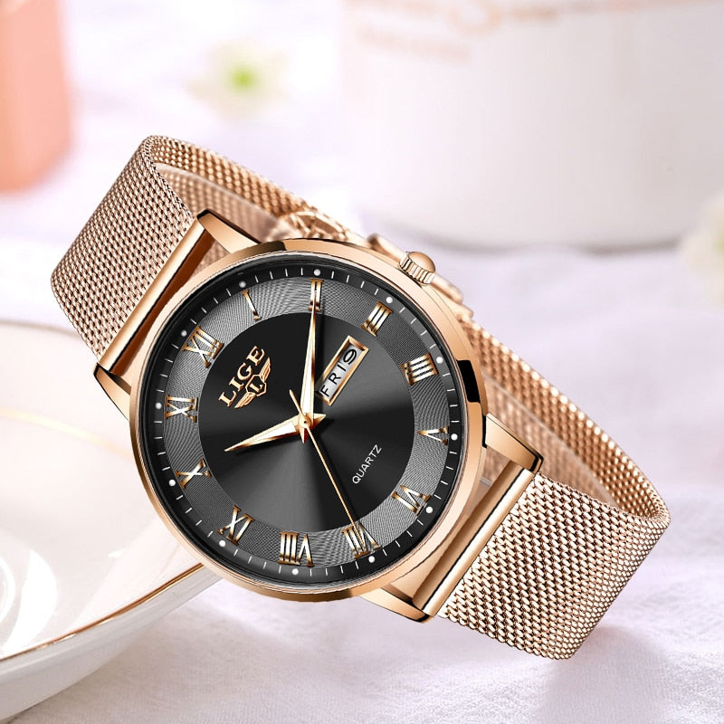 Relógio pulseira de malha feminino LIGE com mostrador elegante e detalhes em dourado