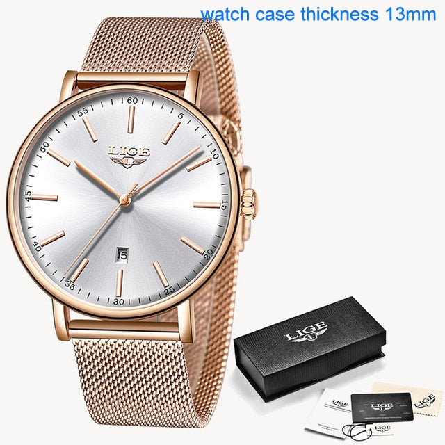 Relógio pulseira de malha feminino LIGE com mostrador prateado e caixa de 13mm de espessura