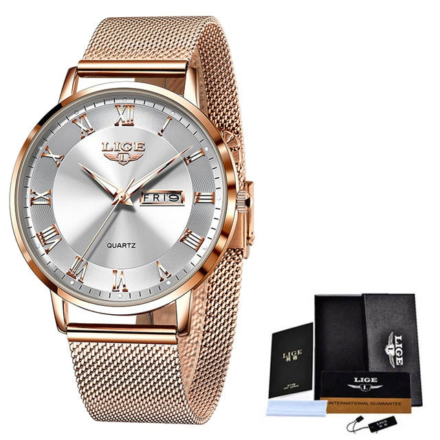 Relógio pulseira de malha feminino LIGE com mostrador prateado e detalhes em ouro rose