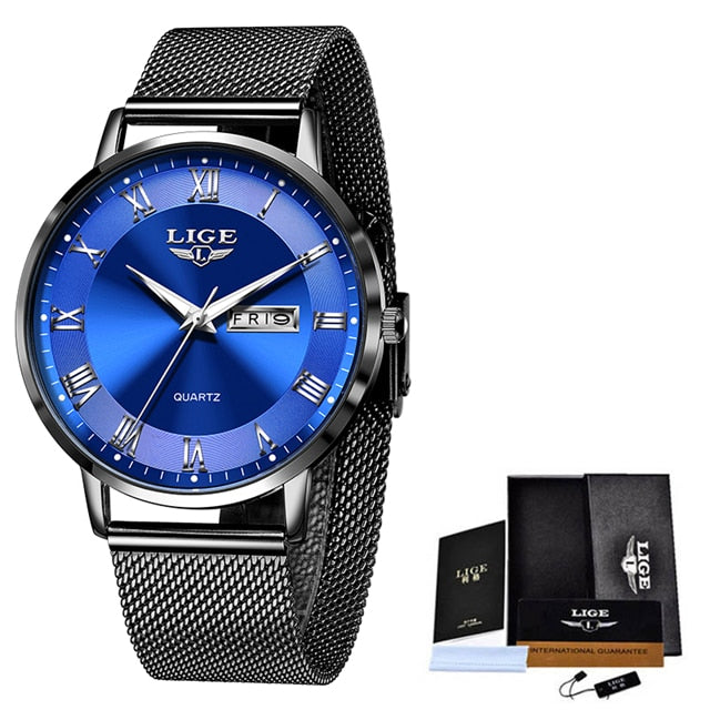 Relógio pulseira de malha feminino LIGE com mostrador azul e detalhes em prateado estilo moderno