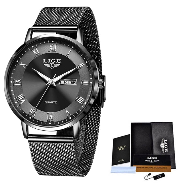 Relógio pulseira de malha feminino LIGE em preto com mostrador elegante e data, ideal para looks sofisticados