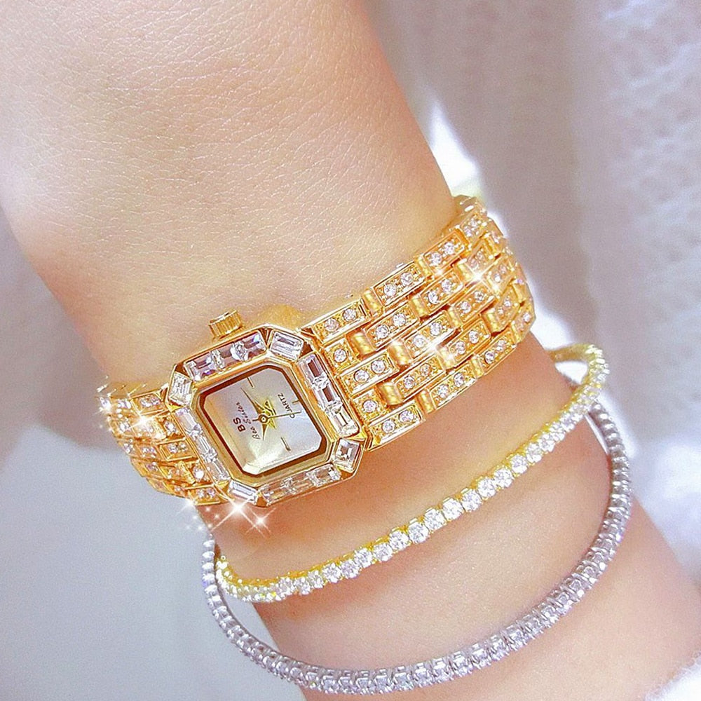 Relógio feminino de luxo BEE SISTER com design dourado e brilhantes, perfeito para ocasiões especiais