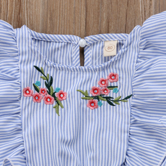 Macacão feminino infantil FAITHTUR com bordados florais e mangas bufantes em azul listrado
