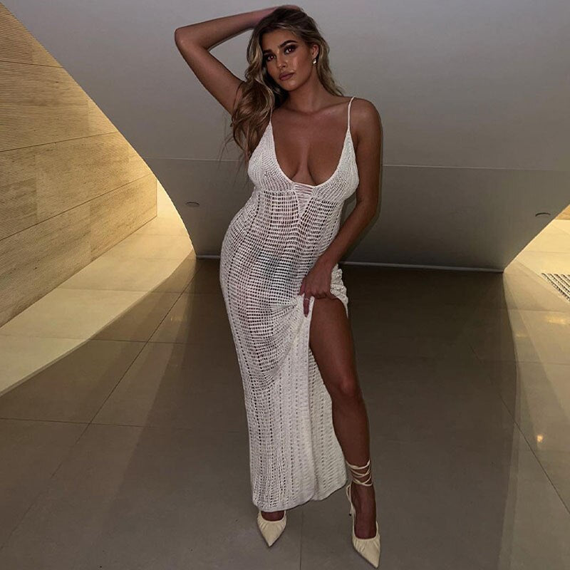 Túnica feminina branca de crochê da POLOVEDO com design longo e aberturas laterais para um visual elegante