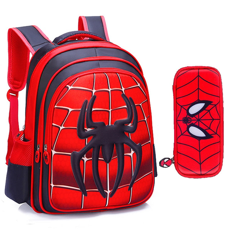 Mochila escolar infantil 3D temática do Homem-Aranha com bolso para lanche e estojo combinado
