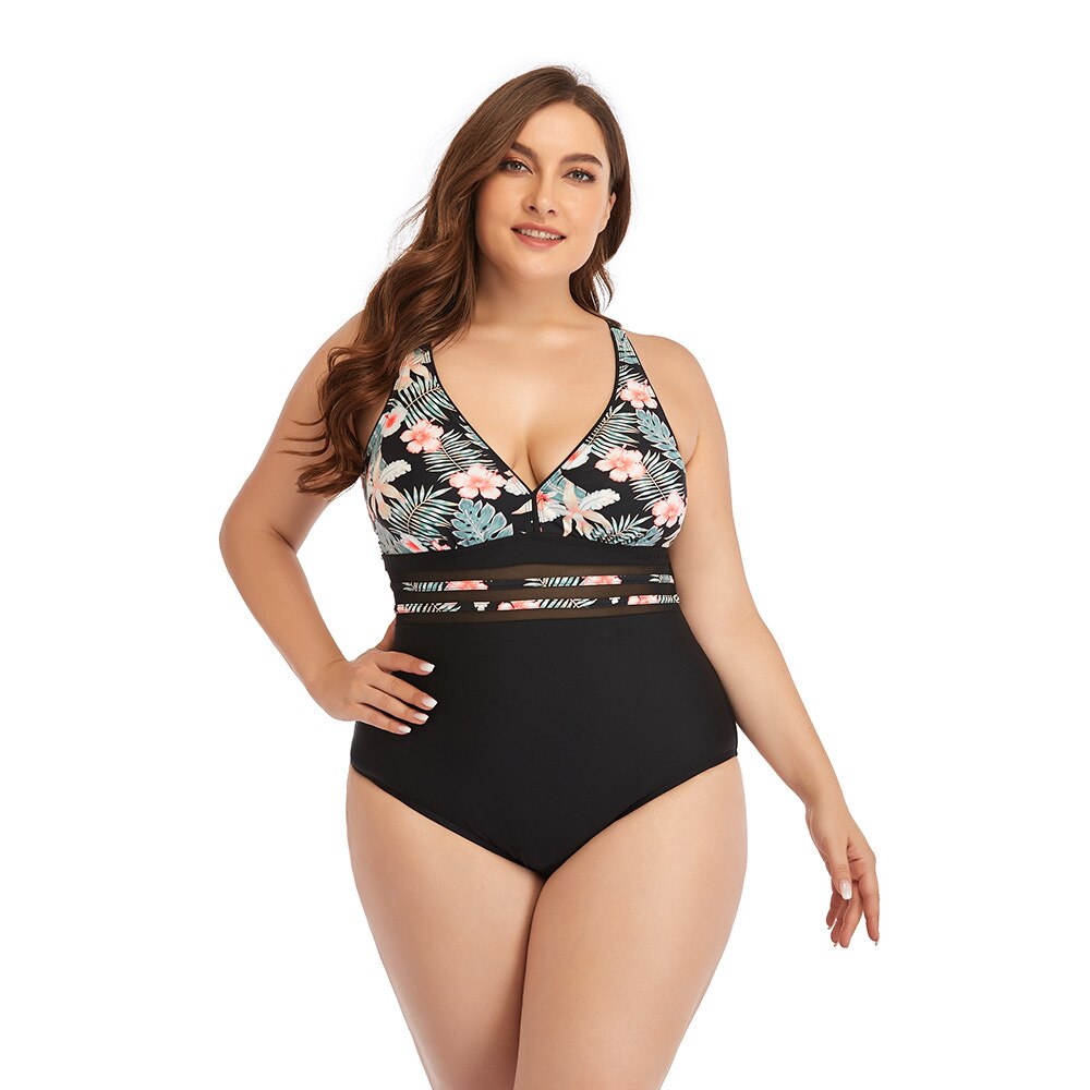 Maiô feminino com estampa floral e faixa preta, ideal para conforto na praia ou piscina