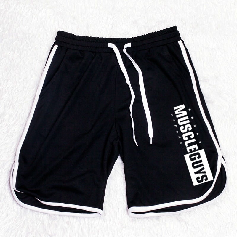 Bermuda masculina fitness da MUSCLE GUYS em preto, com detalhe em branco e elástico na cintura