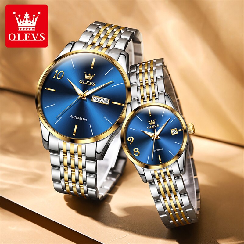 Relógio automático de luxo OLEVS para casal com mostrador azul e detalhes em dourado