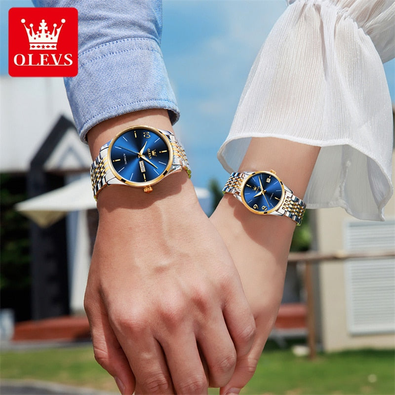 Relógio automático de luxo OLEVS para casal com mostrador azul e pulseira dourada