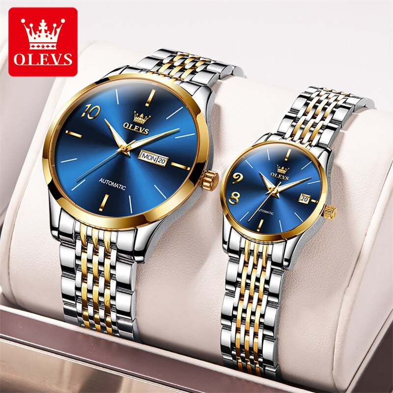 Relógio automático de luxo OLEVS para casal com mostrador azul e pulseira de metal dourada e prateada
