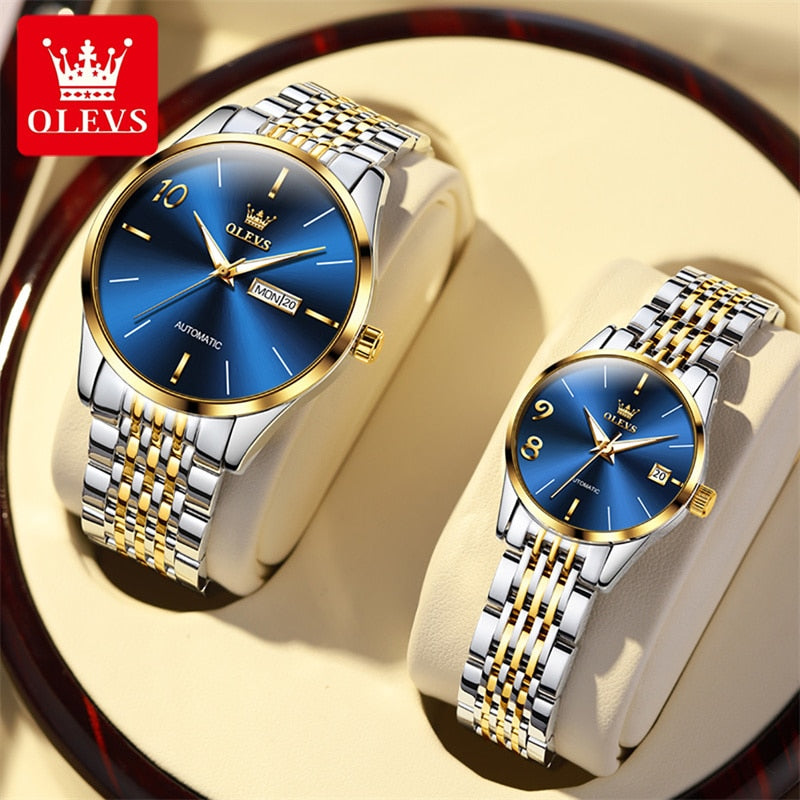 Conjunto de relógios de pulso para casal OLEVS, estilo luxuoso, relógio automático de luxo com mostrador azul
