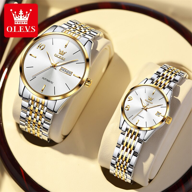 Conjunto de relógios de pulso para casal OLEVS em ouro e prateado, com relógio automático de luxo