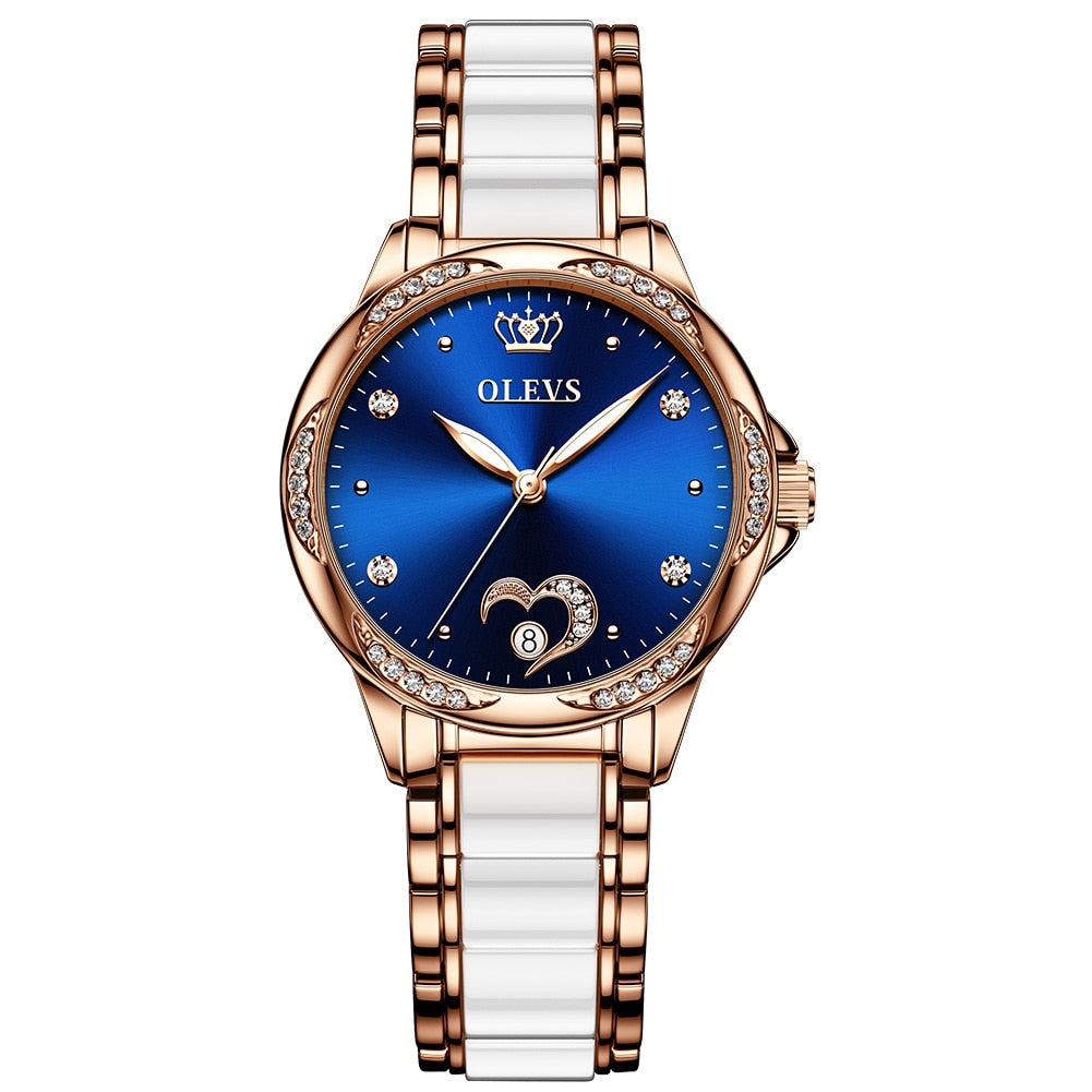 Relógio feminino automático OLEVS com mostrador azul e detalhes em strass para mulheres elegantes
