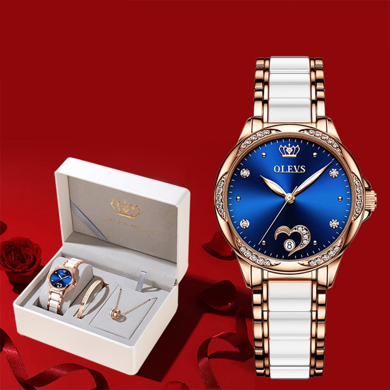 Relógio feminino automático OLEVS com mostrador azul e caixa de presente elegante