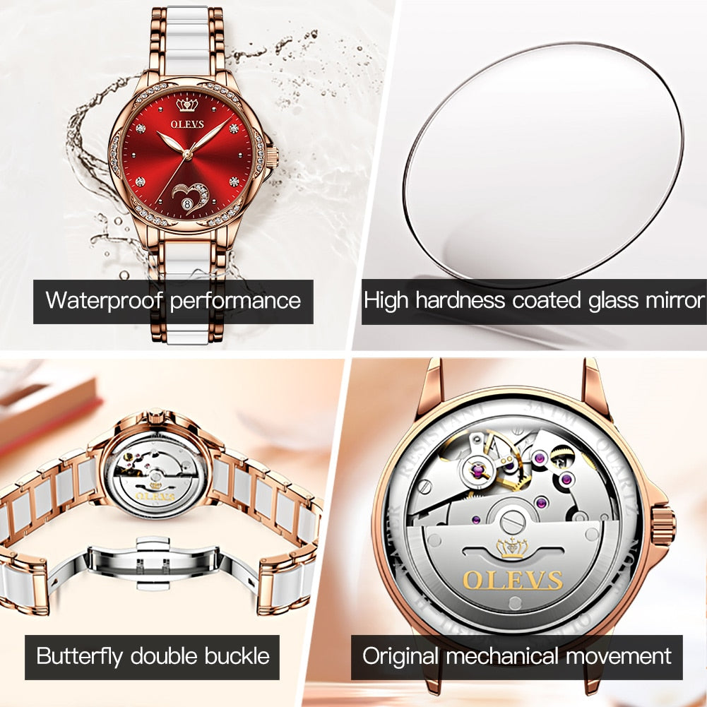 Relógio feminino automático OLEVS com design elegante e desempenho à prova d'água, vidro resistente e movimento mecânico original.