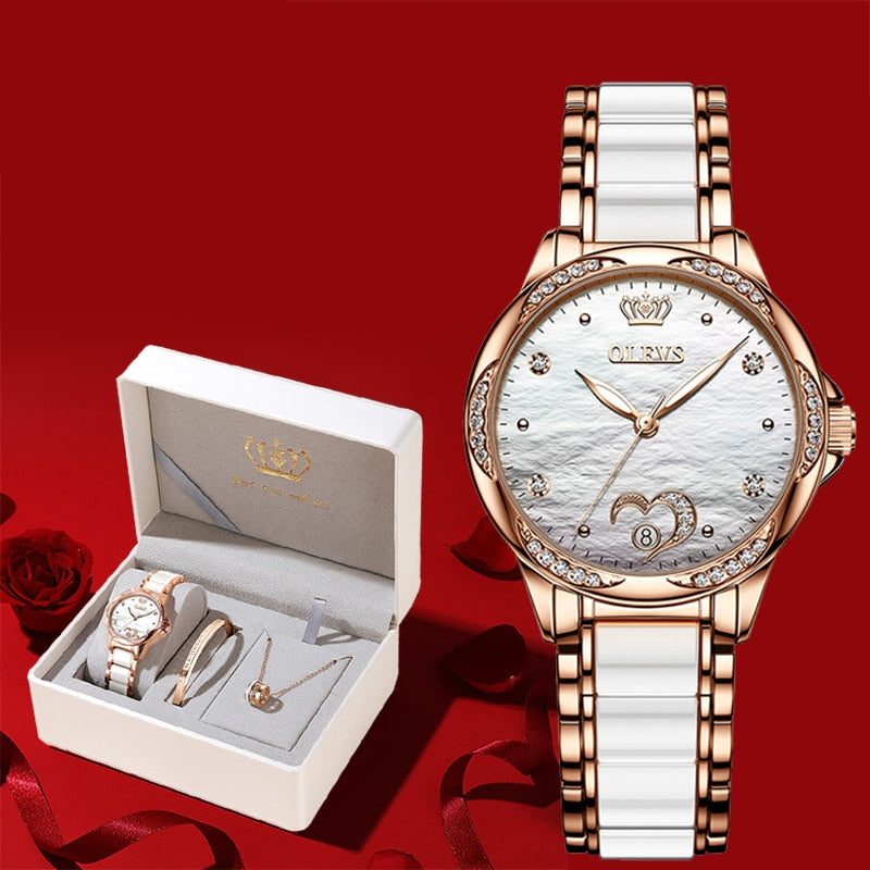 Relógio feminino automático OLEVS com design elegante e caixa de presente luxuosa, incluindo colar e brincos.