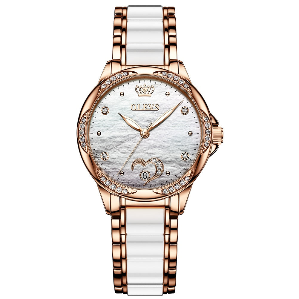 Relógio feminino automático OLEVS com design elegante e mostrador em pérola e detalhes em strass