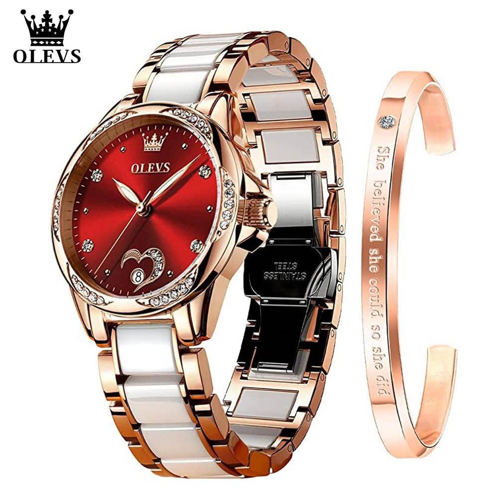 Relógio feminino automático OLEVS com aro dourado e mostrador vermelho, acompanhado de pulseira elegante