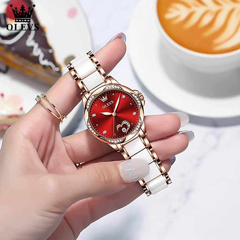 Relógio feminino automático OLEVS com mostrador vermelho e pulseira branca elegante para ocasiões especiais