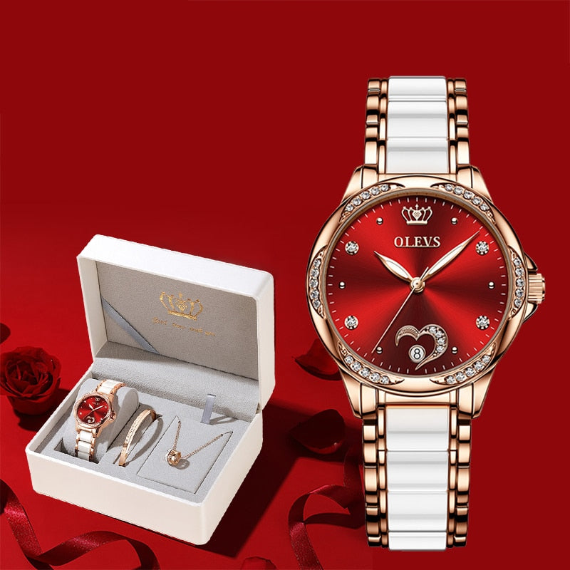 Relógio feminino automático OLEVS com mostrador vermelho e bracelete elegante em ouro e branco