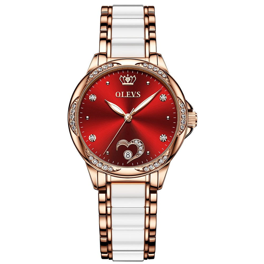 Relógio feminino automático OLEVS com mostrador vermelho e detalhes brilhantes, ideal para ocasiões especiais