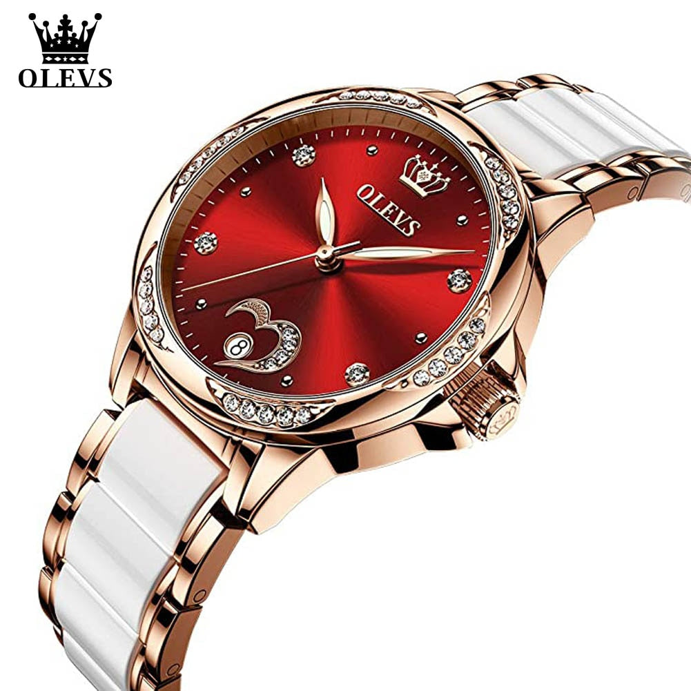 Relógio feminino automático OLEVS com mostrador vermelho e detalhes em cristal, pulseira dourada e prata