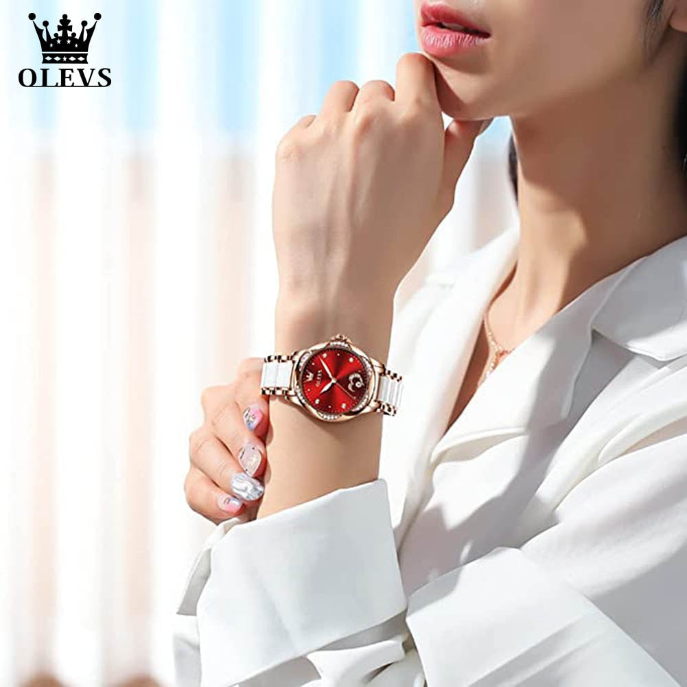 Relógio feminino automático OLEVS com mostrador vermelho e caixa dourada, estilo elegante para uso diário