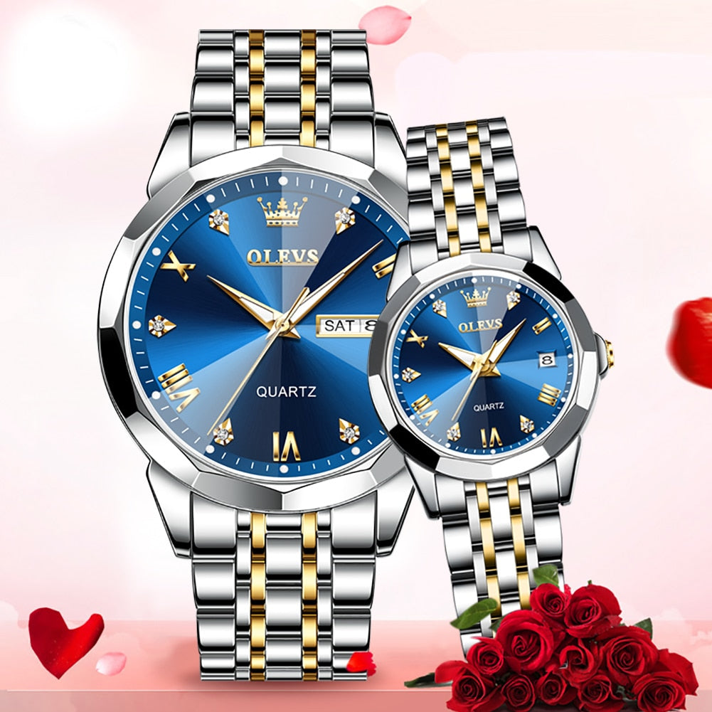 Relógio feminino aço inoxidável OLEVS com design elegante em azul e dourado, acompanhado de relógio masculino