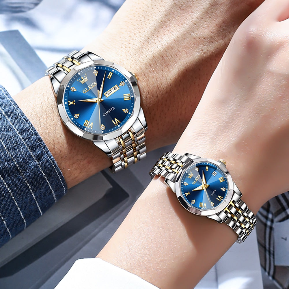 Relógio feminino aço inoxidável da OLEVS com mostrador azul e pulseira dourada, ideal para estilos elegantes