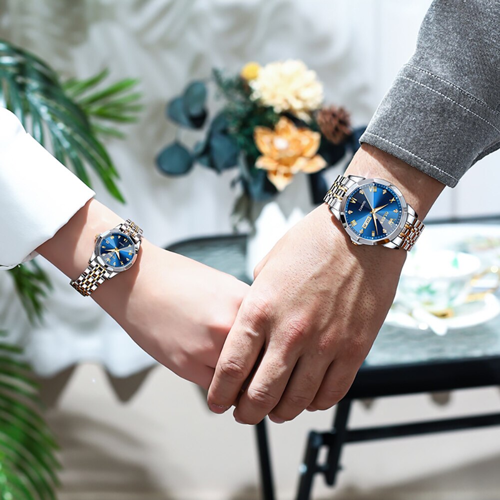 Relógio masculino à prova d'água OLEVS com mostrador azul e pulseira de metal, ideal para uso diário.