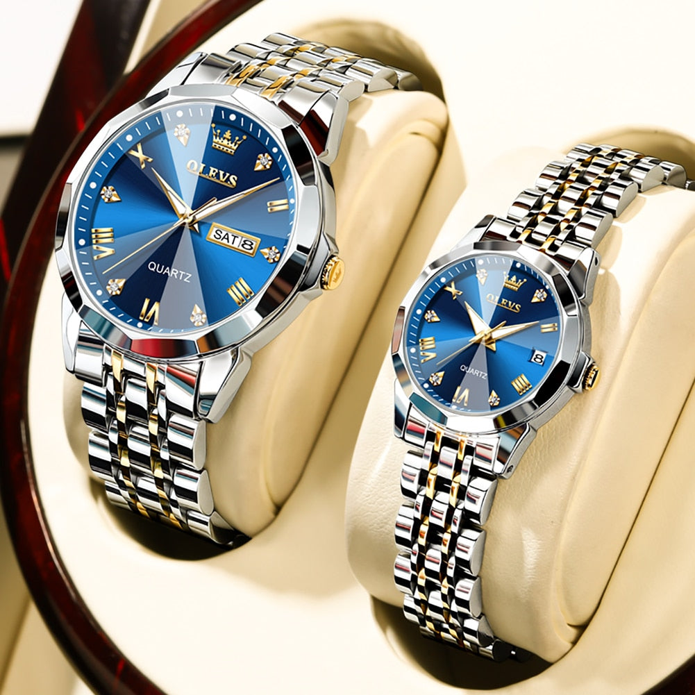 Conjunto de relógios OLEVS masculino e feminino com mostrador azul e bracelete de aço inoxidável
