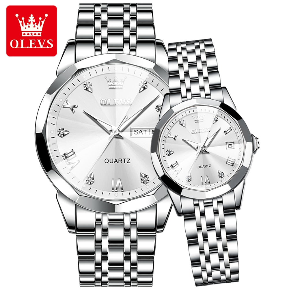 Conjunto de relógios de pulso masculino e feminino da OLEVS em aço inoxidável, design elegante e moderno.