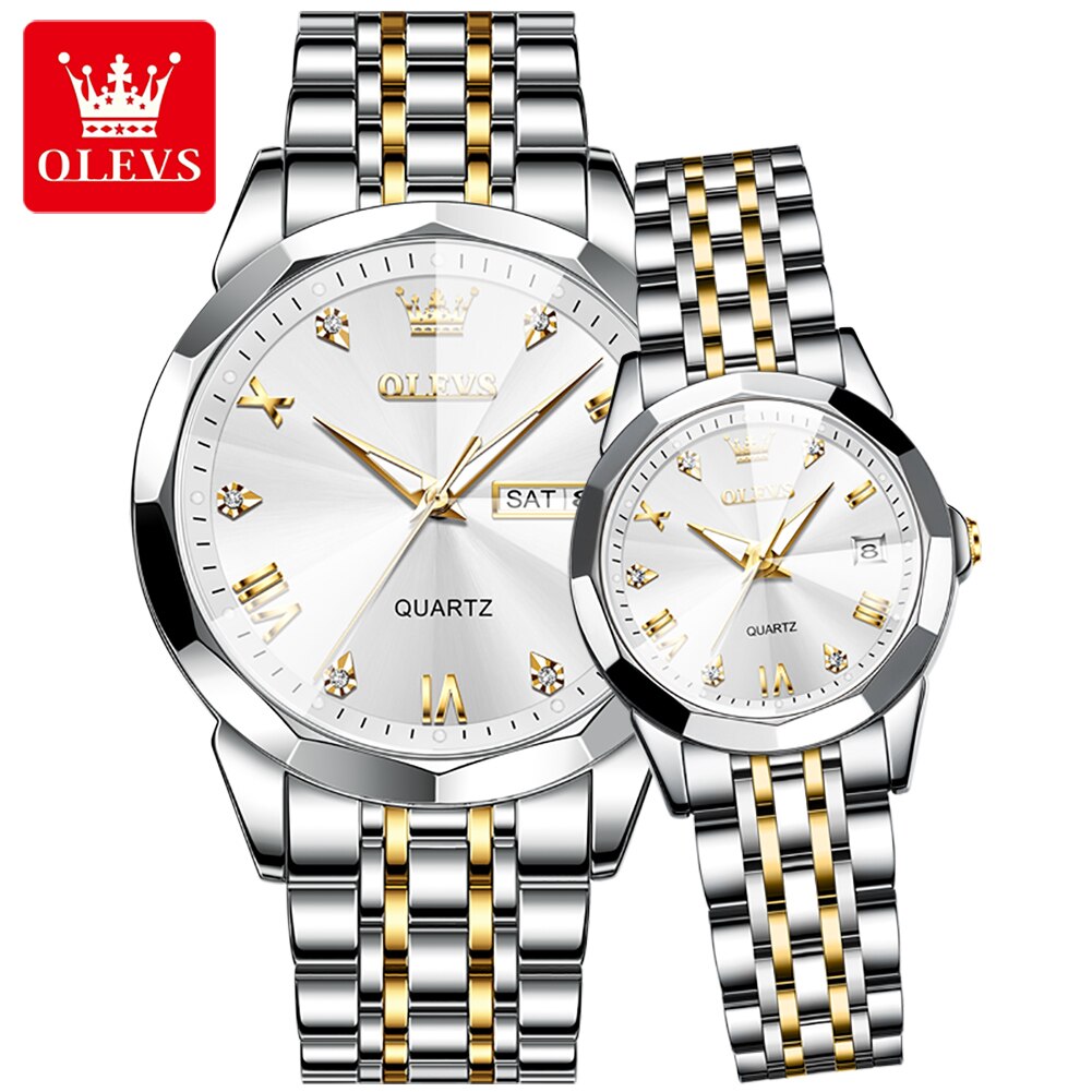 Conjunto de relógios de pulso masculino e feminino OLEVS, com design elegante em aço inoxidável e mostrador brilhante