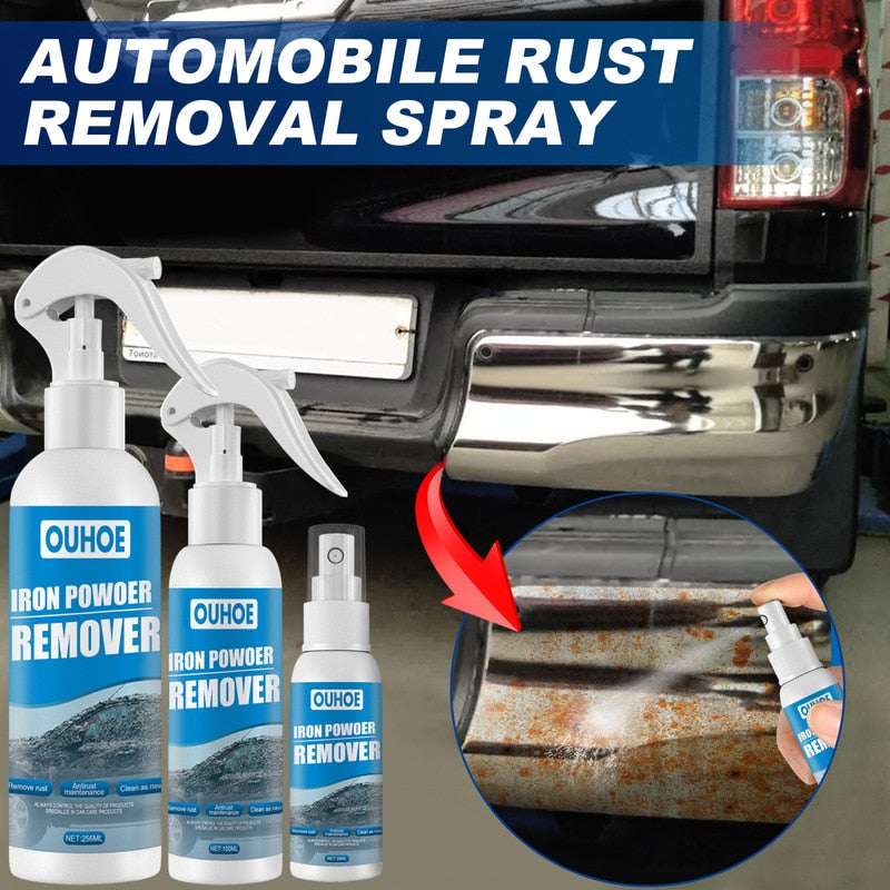 Removedor de ferrugem automotivo OUHOE em spray, ideal para eliminar ferrugem de superfícies metálicas.