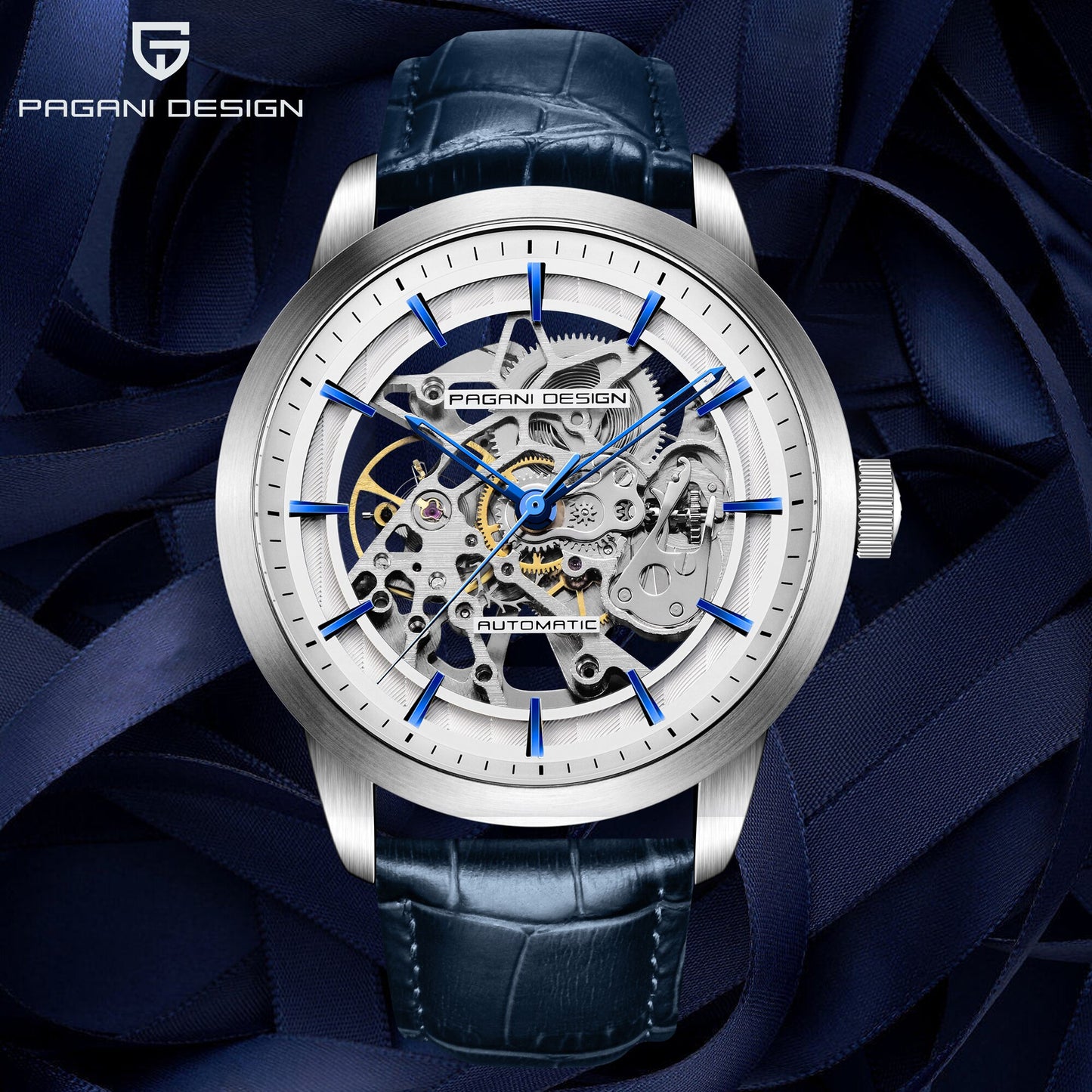 Relógio de couro luxo masculino PAGANI com mostrador automático e design sofisticado em fundo azul