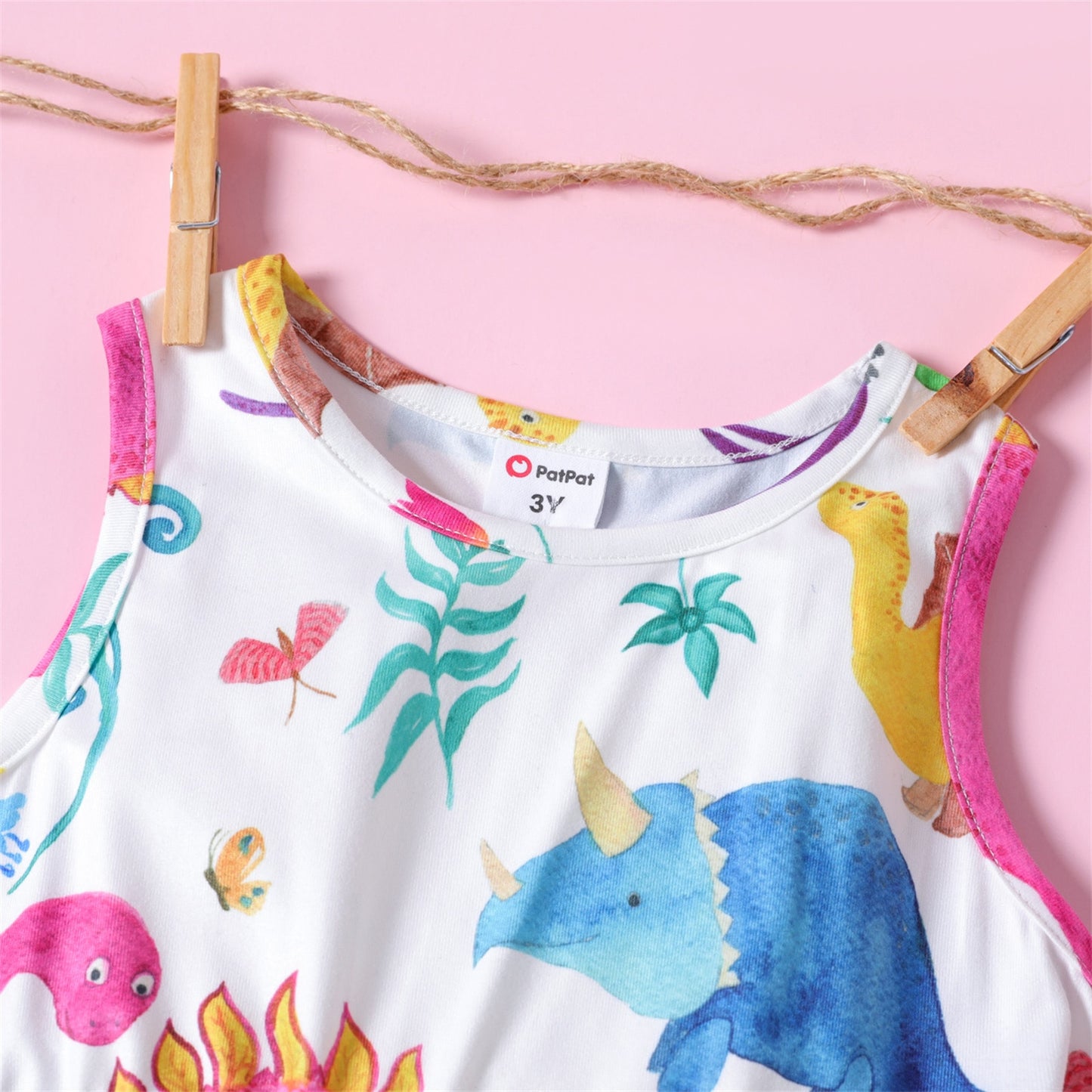 Vestido infantil feminino PATPAT com estampa colorida de dinossauros e plantas para meninas