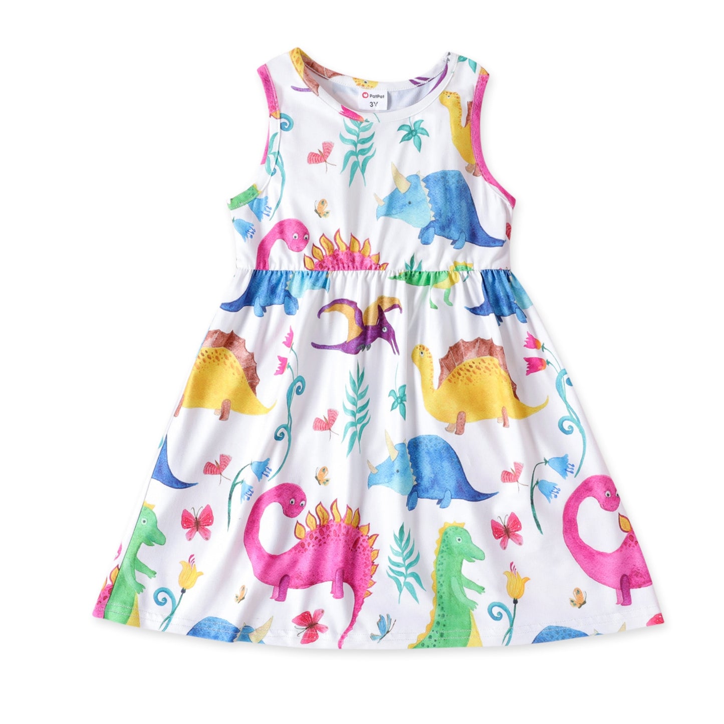 Vestido infantil feminino PATPAT com estampa colorida de dinossauros e borboletas para meninas