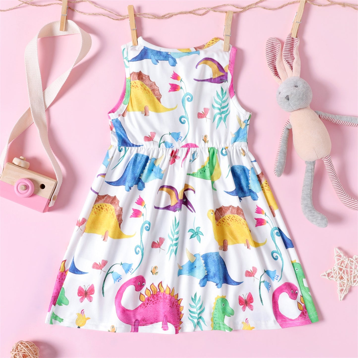 Vestido feminino infantil da PATPAT com estampa colorida de dinossauros, roupa menina estampa animal.
