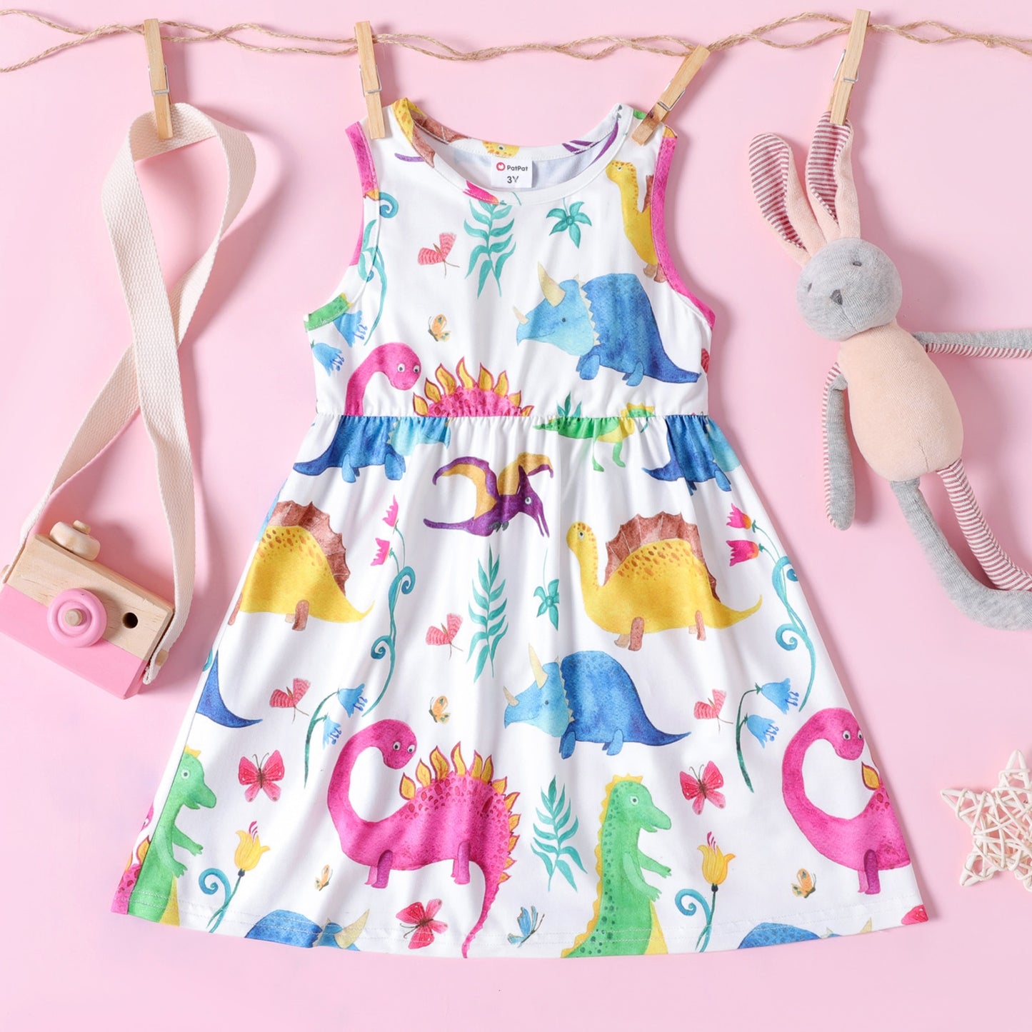 Vestido infantil feminino PATPAT com estampa colorida de dinossauros e flores para meninas