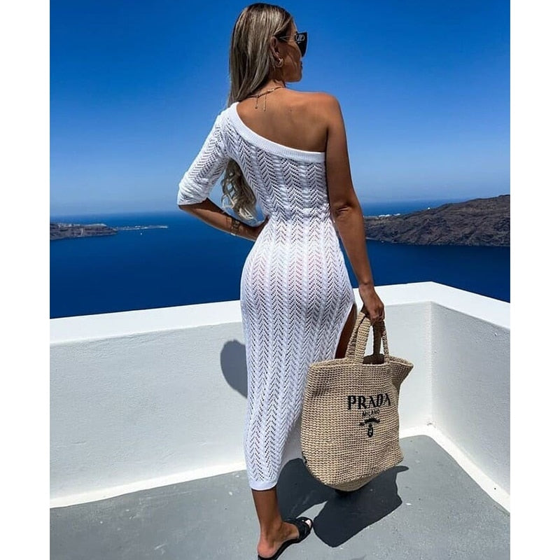 Túnica de praia feminina branca da POLOVEDO com decote ombro a ombro e design leve